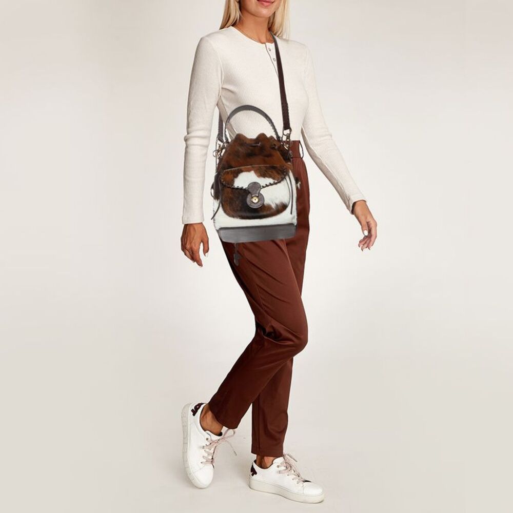 Ralph Lauren Ricky Brown Animal Print Calf Hair And Leather Drawstring Bucket - Picture 2 of 7
